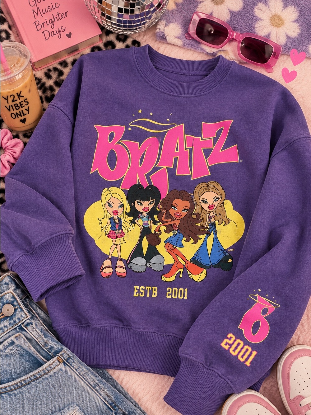 Bratz Purple Graphic Crewneck Sweatshirt XS Pullover ESTB 2001 MGA Fleece
See